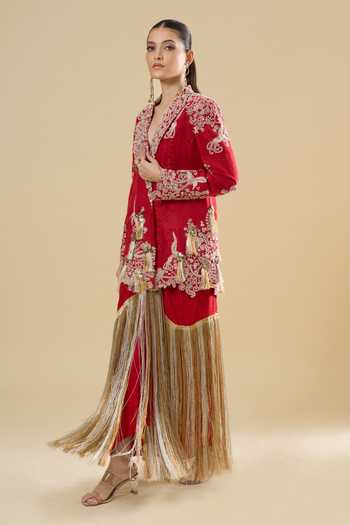 Buy_Anamika Khanna_Red Embroidery, Tassels, Fringe Blazer And Skirt Set _Online_at_Aza_Fashions