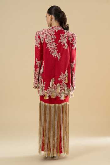 Anamika Khanna_Red Embroidery, Tassels, Fringe Blazer And Skirt Set _Online_at_Aza_Fashions