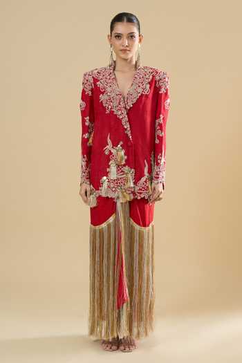Shop_Anamika Khanna_Red Embroidery, Tassels, Fringe Blazer And Skirt Set _Online_at_Aza_Fashions