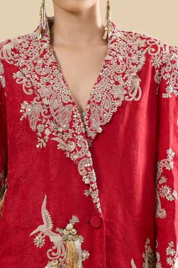 Anamika Khanna_Red Embroidery, Tassels, Fringe Blazer And Skirt Set _at_Aza_Fashions