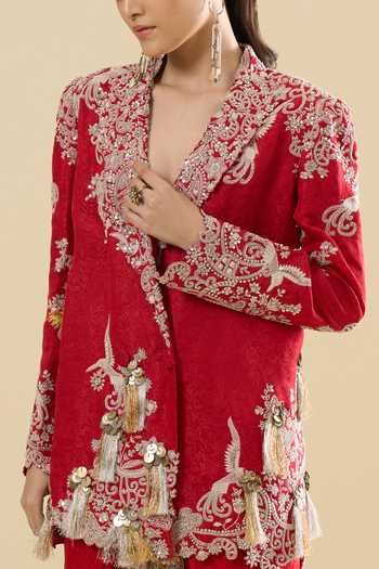 Buy_Anamika Khanna_Red Embroidery, Tassels, Fringe Blazer And Skirt Set 