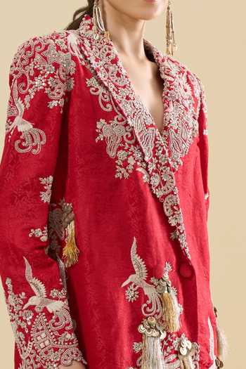 Shop_Anamika Khanna_Red Embroidery, Tassels, Fringe Blazer And Skirt Set 