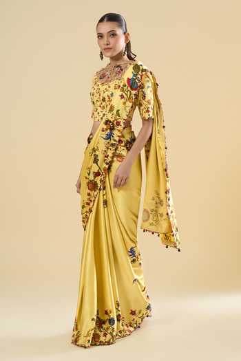 Buy_Anamika Khanna_Yellow High Neck Floral Print Saree With Blouse _Online_at_Aza_Fashions