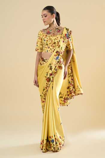 Buy_Anamika Khanna_Yellow High Neck Floral Print Saree With Blouse _at_Aza_Fashions