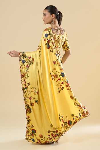 Anamika Khanna_Yellow High Neck Floral Print Saree With Blouse _Online_at_Aza_Fashions