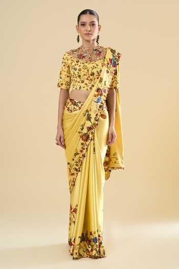 Shop_Anamika Khanna_Yellow High Neck Floral Print Saree With Blouse _Online_at_Aza_Fashions