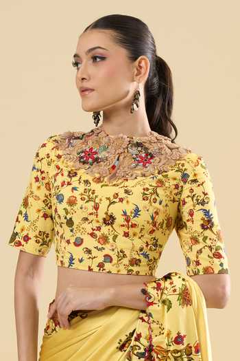 Anamika Khanna_Yellow High Neck Floral Print Saree With Blouse _at_Aza_Fashions