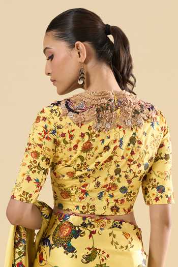 Buy_Anamika Khanna_Yellow High Neck Floral Print Saree With Blouse 