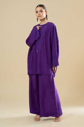 Buy_Anamika Khanna_Purple Sequins Round Neck Tonal Embroidered Short Kurta And Pant Set _Online_at_Aza_Fashions