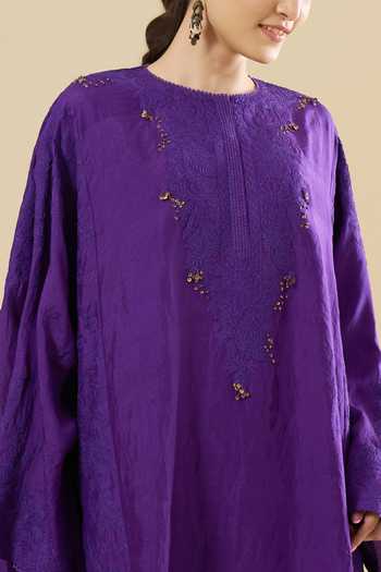 Shop_Anamika Khanna_Purple Sequins Round Neck Tonal Embroidered Short Kurta And Pant Set _Online_at_Aza_Fashions