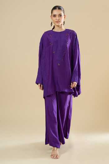 Anamika Khanna_Purple Sequins Round Neck Tonal Embroidered Short Kurta And Pant Set _at_Aza_Fashions
