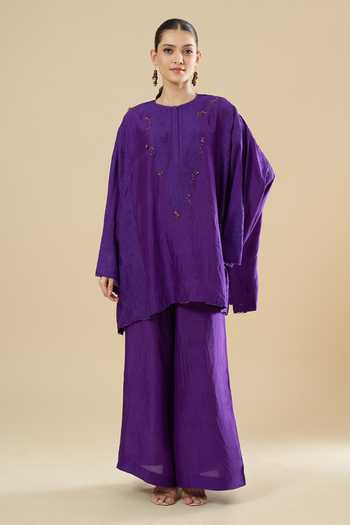 Buy_Anamika Khanna_Purple Sequins Round Neck Tonal Embroidered Short Kurta And Pant Set 