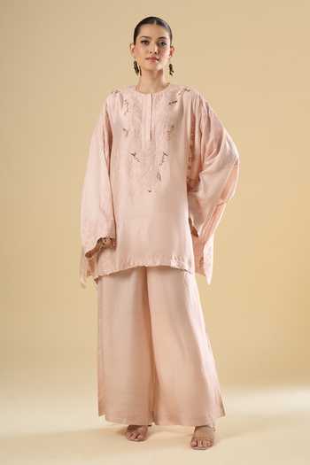 Shop_Anamika Khanna_Pink Embroidery Round Neck Tonal Kurta And Pant Set _Online_at_Aza_Fashions