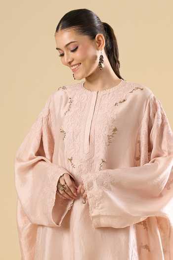Buy_Anamika Khanna_Pink Embroidery Round Neck Tonal Kurta And Pant Set 