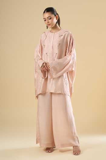 Shop_Anamika Khanna_Pink Embroidery Round Neck Tonal Kurta And Pant Set 