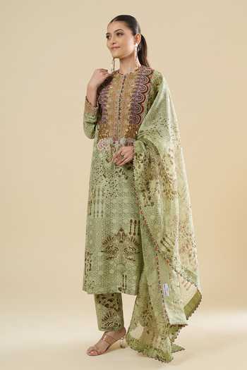 Buy_Anamika Khanna_Green Sequins, Zari Round Neck Butti Print Straight Kurta Pant Set _Online_at_Aza_Fashions