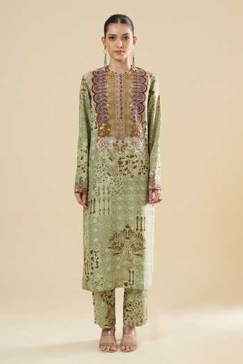 Shop_Anamika Khanna_Green Sequins, Zari Round Neck Butti Print Straight Kurta Pant Set _Online_at_Aza_Fashions