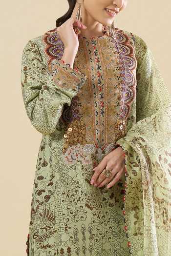 Anamika Khanna_Green Sequins, Zari Round Neck Butti Print Straight Kurta Pant Set _at_Aza_Fashions