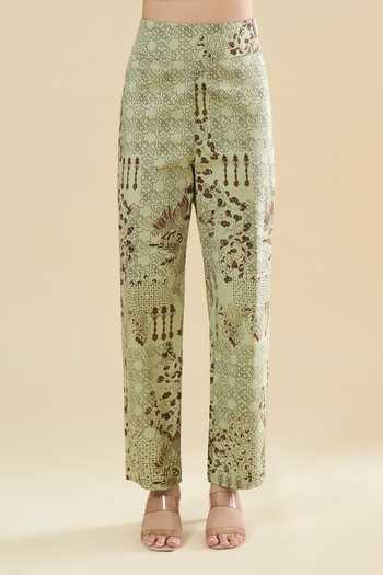 Buy_Anamika Khanna_Green Sequins, Zari Round Neck Butti Print Straight Kurta Pant Set 