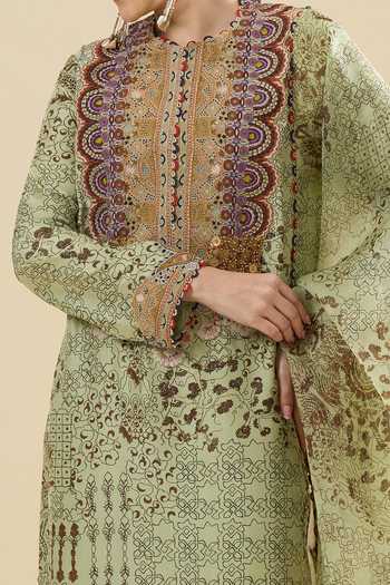 Shop_Anamika Khanna_Green Sequins, Zari Round Neck Butti Print Straight Kurta Pant Set 