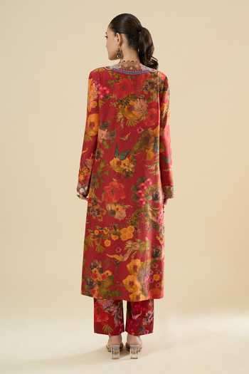 Anamika Khanna_Red Sequins, Zari Mandarin Collar, Yes Floral Print Straight Kurta Set _Online_at_Aza_Fashions