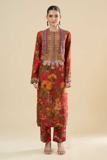 Buy_Anamika Khanna_Red Sequins, Zari Mandarin Collar, Yes Floral Print Straight Kurta Set _Online_at_Aza_Fashions