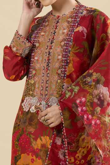 Buy_Anamika Khanna_Red Sequins, Zari Mandarin Collar, Yes Floral Print Straight Kurta Set 