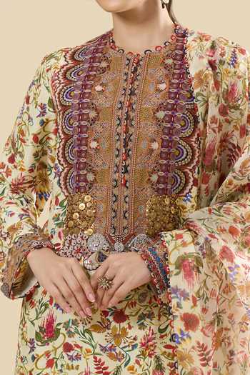 Buy_Anamika Khanna_Off White Sequins, Mirrors Mandarin Collar Floral Printed Kurta Set _Online_at_Aza_Fashions