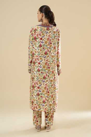 Anamika Khanna_Off White Sequins, Mirrors Mandarin Collar Floral Printed Kurta Set _Online_at_Aza_Fashions