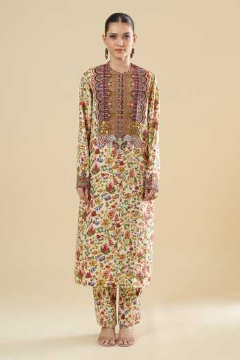 Shop_Anamika Khanna_Off White Sequins, Mirrors Mandarin Collar Floral Printed Kurta Set _Online_at_Aza_Fashions