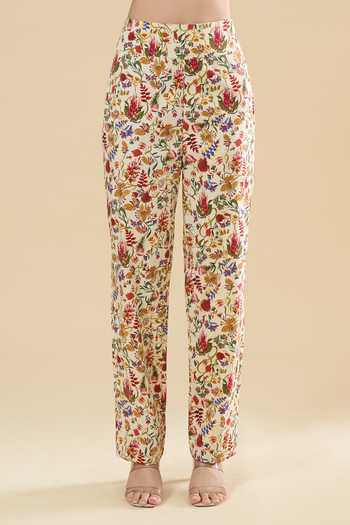 Buy_Anamika Khanna_Off White Sequins, Mirrors Mandarin Collar Floral Printed Kurta Set 