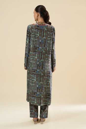 Anamika Khanna_Blue Embroidery, Tassels Round Neck Geometric Pattern Kurta Set _Online_at_Aza_Fashions