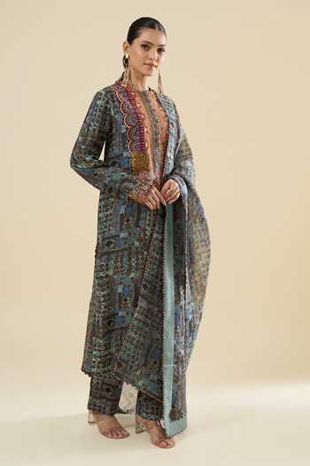 Shop_Anamika Khanna_Blue Embroidery, Tassels Round Neck Geometric Pattern Kurta Set _Online_at_Aza_Fashions