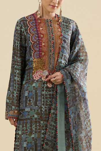 Anamika Khanna_Blue Embroidery, Tassels Round Neck Geometric Pattern Kurta Set _at_Aza_Fashions
