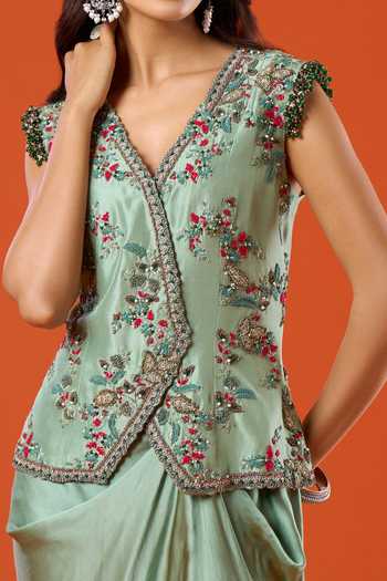 Shop_Prisho_Green Embroidery V-neck Floral Jacket And Skirt Set _Online_at_Aza_Fashions