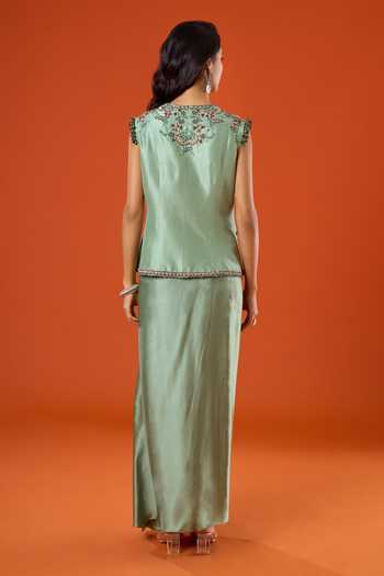 Prisho_Green Embroidery V-neck Floral Jacket And Skirt Set _Online_at_Aza_Fashions
