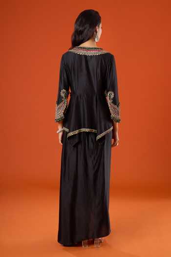 Prisho_Black Embroidery, Beads, Zari V-neck Placement Peplum Kurta And Skirt Set _Online_at_Aza_Fashions