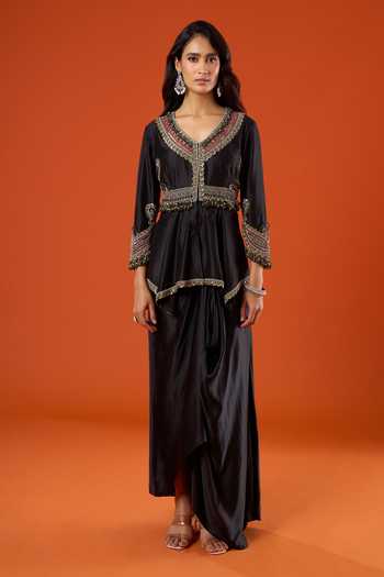 Shop_Prisho_Black Embroidery, Beads, Zari V-neck Placement Peplum Kurta And Skirt Set _Online_at_Aza_Fashions