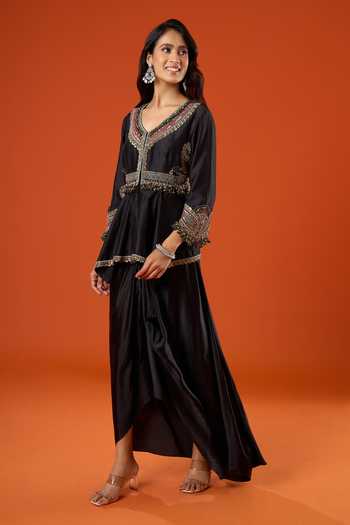 Prisho_Black Embroidery, Beads, Zari V-neck Placement Peplum Kurta And Skirt Set _at_Aza_Fashions