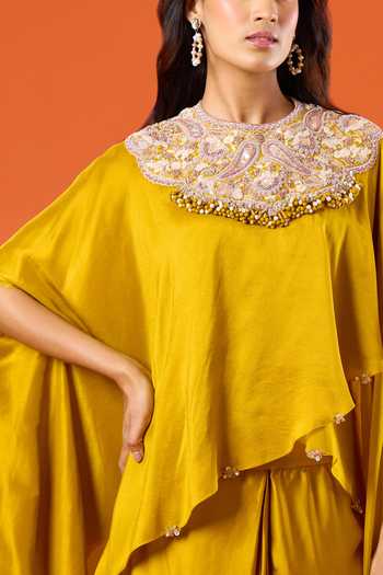 Buy_Prisho_Yellow Embroidery, Beads, Pearls Round Neck Kaftan And Skirt Set _Online_at_Aza_Fashions
