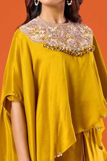 Shop_Prisho_Yellow Embroidery, Beads, Pearls Round Neck Kaftan And Skirt Set _Online_at_Aza_Fashions