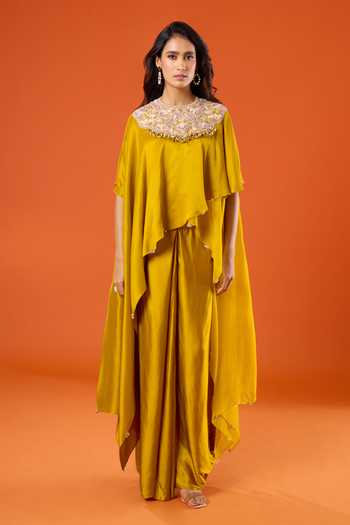 Prisho_Yellow Embroidery, Beads, Pearls Round Neck Kaftan And Skirt Set _at_Aza_Fashions