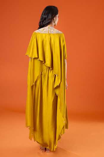 Prisho_Yellow Embroidery, Beads, Pearls Round Neck Kaftan And Skirt Set _Online_at_Aza_Fashions