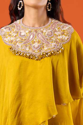 Shop_Prisho_Yellow Embroidery, Beads, Pearls Round Neck Kaftan And Skirt Set 