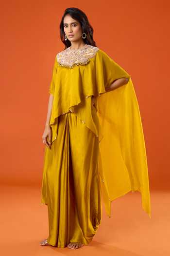 Prisho_Yellow Embroidery, Beads, Pearls Round Neck Kaftan And Skirt Set _Online