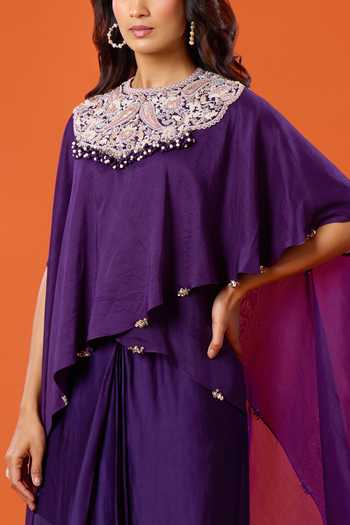 Buy_Prisho_Purple Beads, Pearls, Stones High Neck Embroidered Kaftan And Skirt Set _Online_at_Aza_Fashions