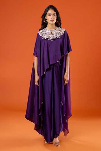 Shop_Prisho_Purple Beads, Pearls, Stones High Neck Embroidered Kaftan And Skirt Set _Online_at_Aza_Fashions
