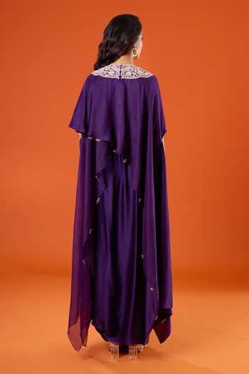 Prisho_Purple Beads, Pearls, Stones High Neck Embroidered Kaftan And Skirt Set _Online_at_Aza_Fashions