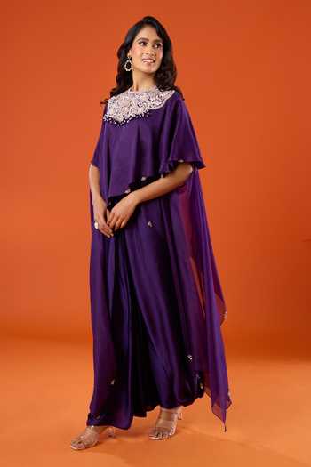 Buy_Prisho_Purple Beads, Pearls, Stones High Neck Embroidered Kaftan And Skirt Set _at_Aza_Fashions