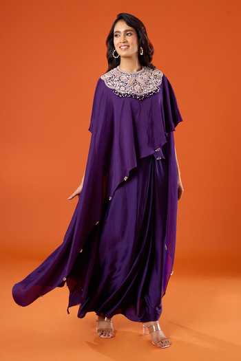Prisho_Purple Beads, Pearls, Stones High Neck Embroidered Kaftan And Skirt Set _at_Aza_Fashions